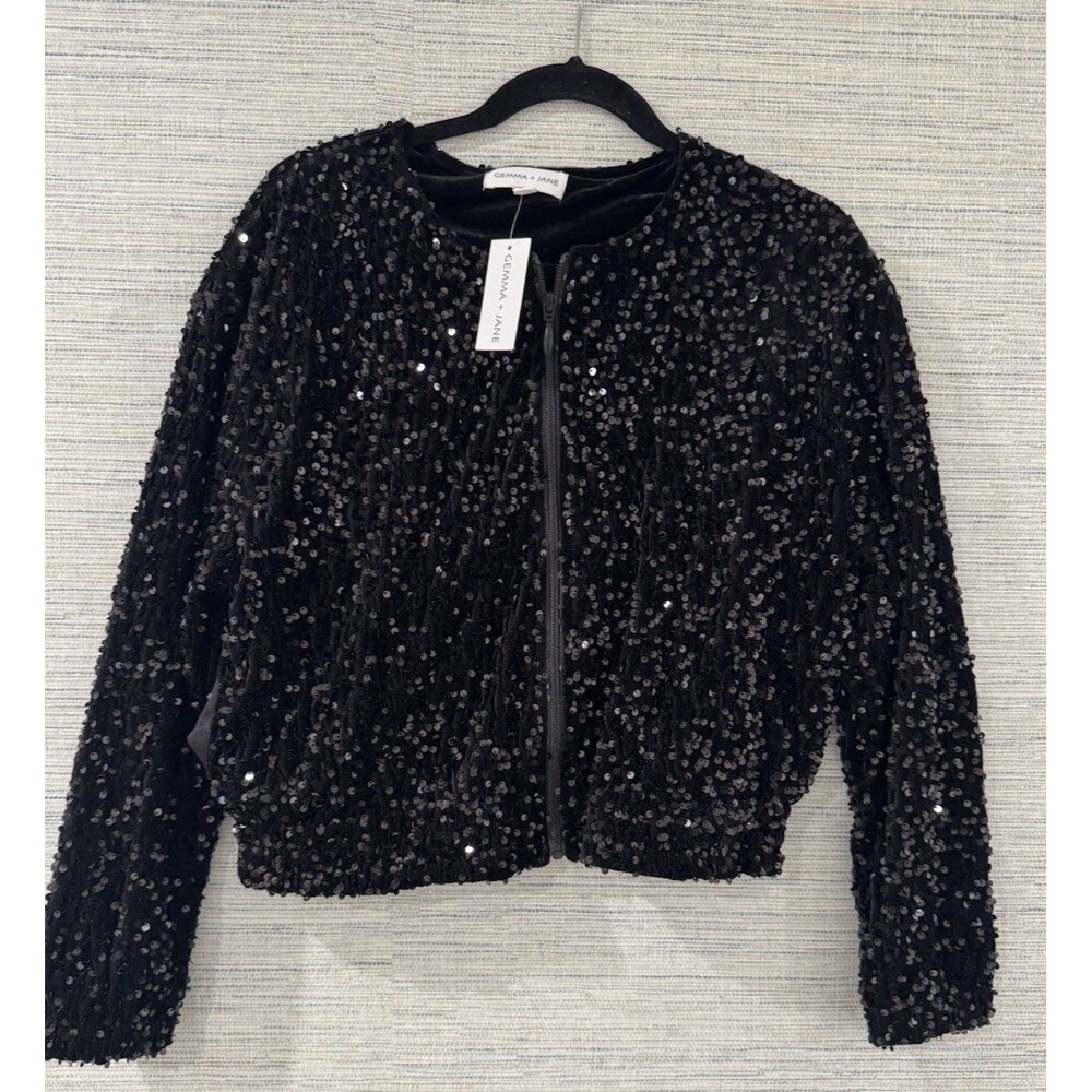 NWT Gemma + Jane Black Sequin Bomber Jacket Medium| Holiday Party NYE Concert